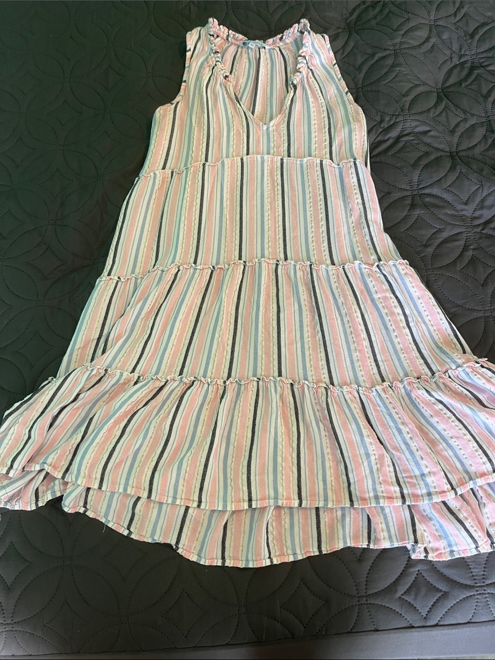 Sleeveless Tiered Mini Dress in Pastel Pink & Blue Stripes